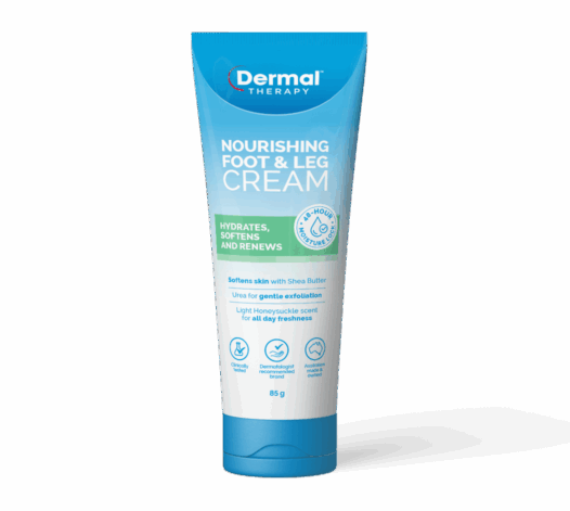 Front view of Nourishing Foot & Leg Cream packaging, a cream that hydrates, softens and renews skin for daily moisturisation.