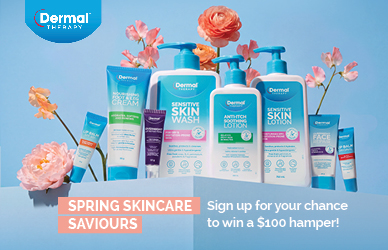 Dermal Therapy skincare product range with flowers and Spring Skincare Saviours giveaway offer on a blue background