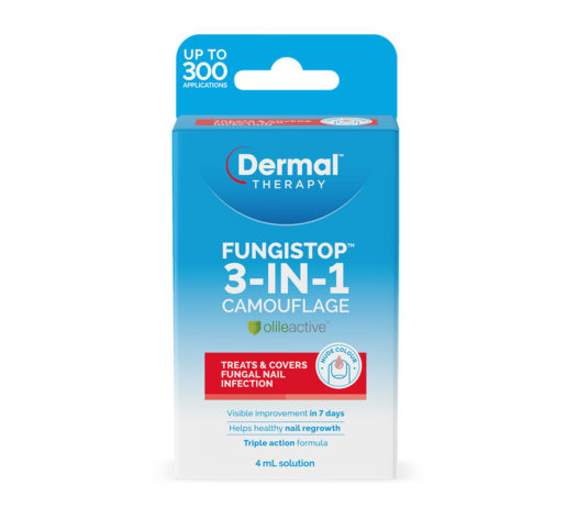 Front view of Dermal Therapy Fungistop 3-in-1 Camouflage carton with blue and white packaging and product branding